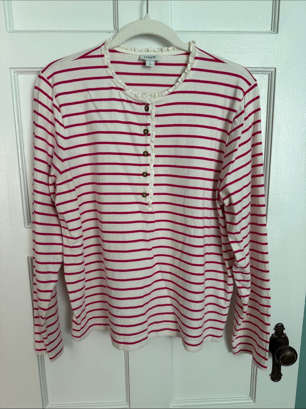 J. Crew Ivory & Pink Striped Henley Top